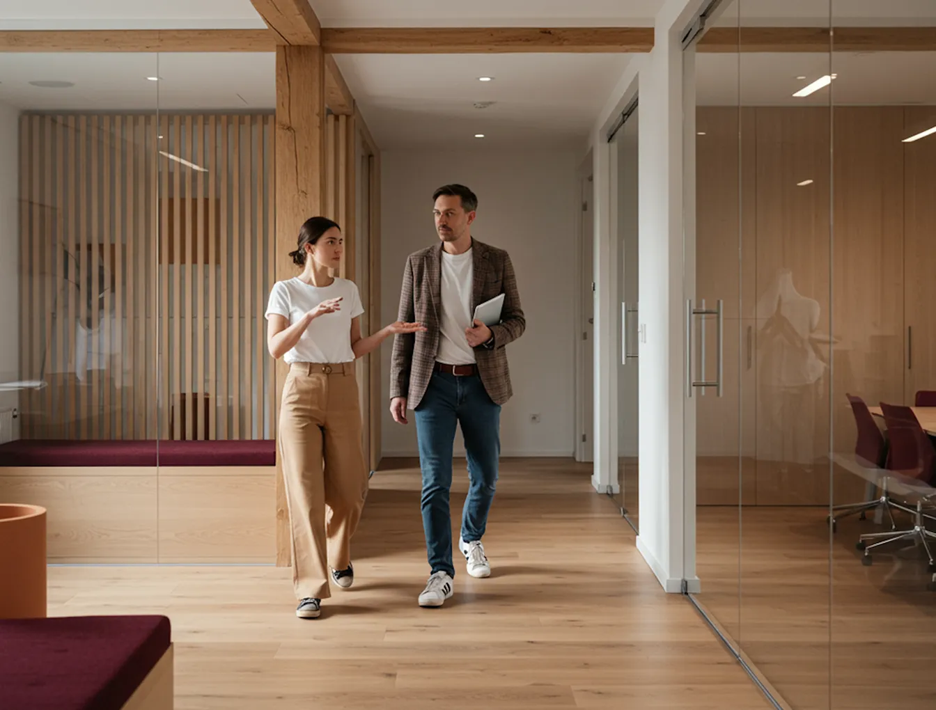 People walking through a bright hallway with wooden floor and neutral decor.